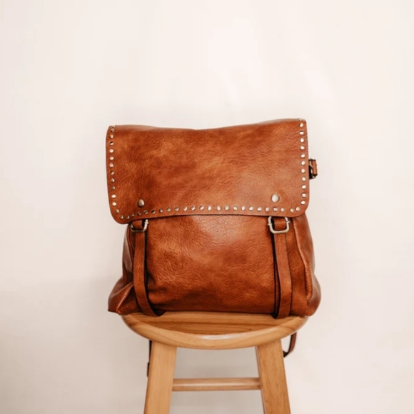 New! Camel Studded Vegan Leather Convertible Backpack Bag - Picture 2 of 6